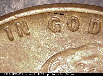 Die-stage B marker on 1942P•1DO•001 (1942 Doubled Die Obverse).