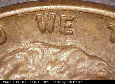 Die-stage B marker on 1942P•1DO•001 (1942 Doubled Die Obverse).