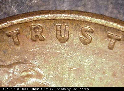 Die-stage B marker on 1942P•1DO•001 (1942 Doubled Die Obverse).