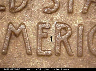 Die-stage B marker on 1942P•1DO•001 (1942 Doubled Die Obverse).