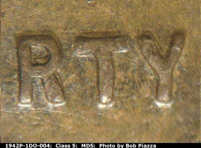 Die-stage B marker on 1942P•1DO•004 (1942 Doubled Die Obverse).
