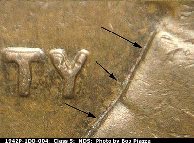 Die-stage B marker on 1942P•1DO•004 (1942 Doubled Die Obverse).