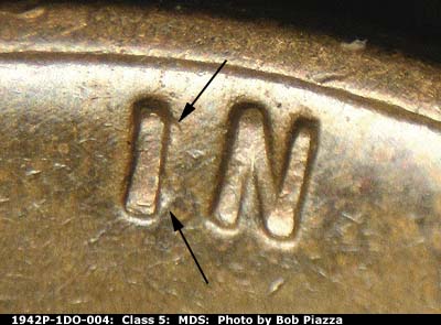Die-stage B marker on 1942P•1DO•004 (1942 Doubled Die Obverse).