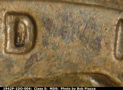 Die-stage B marker on 1942P•1DO•004 (1942 Doubled Die Obverse).