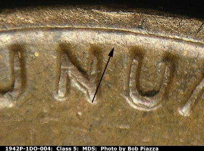 Die-stage B marker on 1942P•1DO•004 (1942 Doubled Die Obverse).
