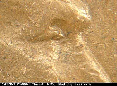 Die-stage B marker on 1942P•1DO•006 (1942 Doubled Die Obverse).