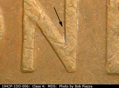 Die-stage B marker on 1942P•1DO•006 (1942 Doubled Die Obverse).