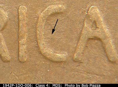 Die-stage B marker on 1942P•1DO•006 (1942 Doubled Die Obverse).