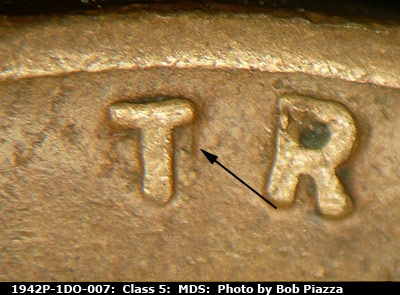 Die-stage B marker on 1942P•1DO•007 (1942 Doubled Die Obverse).