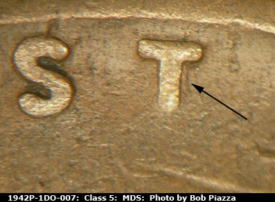 Die-stage B marker on 1942P•1DO•007 (1942 Doubled Die Obverse).
