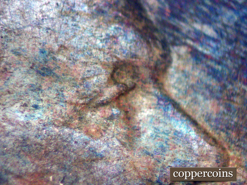 Die-stage B marker on 1942P•1DO•008 (1942 Doubled Die Obverse).