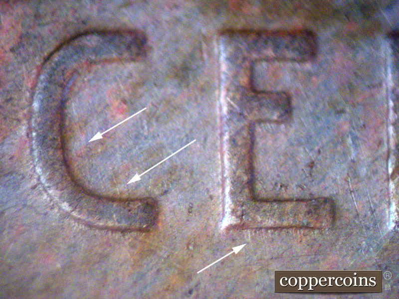 Die-stage B marker on 1942P•1DO•008 (1942 Doubled Die Obverse).