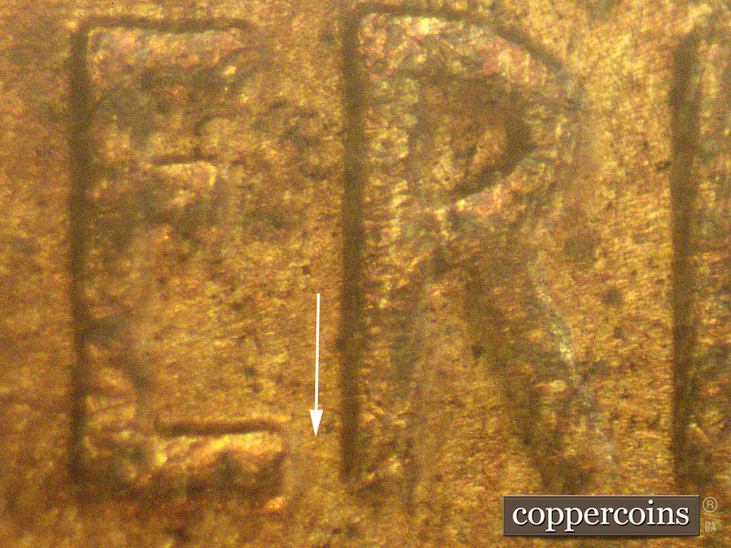 Die-stage C marker on 1942P•1DO•008 (1942 Doubled Die Obverse).