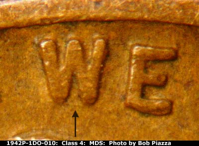 Die-stage B marker on 1942P•1DO•010 (1942 Doubled Die Obverse).