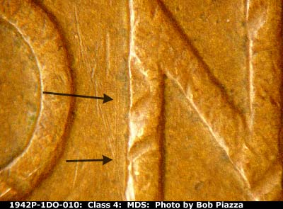 Die-stage B marker on 1942P•1DO•010 (1942 Doubled Die Obverse).