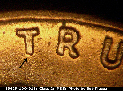 Die-stage B marker on 1942P•1DO•011 (1942 Doubled Die Obverse).