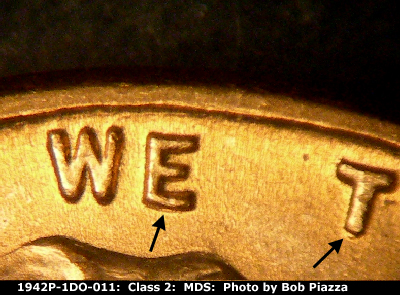 Die-stage B marker on 1942P•1DO•011 (1942 Doubled Die Obverse).
