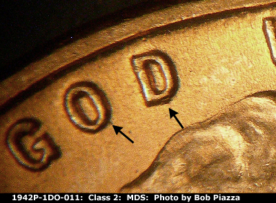 Die-stage B marker on 1942P•1DO•011 (1942 Doubled Die Obverse).