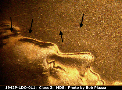 Die-stage B marker on 1942P•1DO•011 (1942 Doubled Die Obverse).