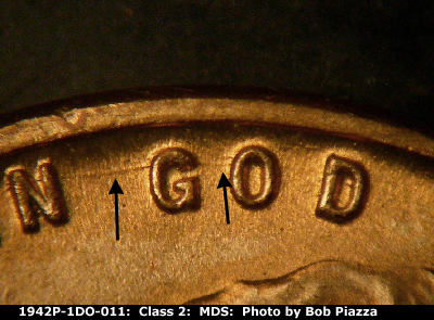 Die-stage B marker on 1942P•1DO•011 (1942 Doubled Die Obverse).