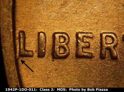 Die-stage B marker on 1942P•1DO•011 (1942 Doubled Die Obverse).