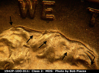 Die-stage B marker on 1942P•1DO•011 (1942 Doubled Die Obverse).
