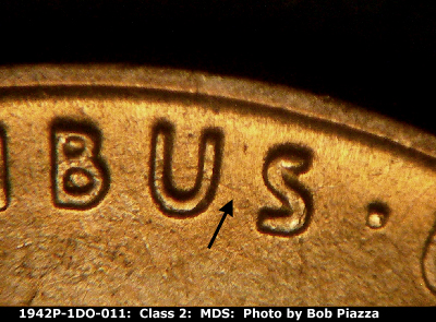 Die-stage B marker on 1942P•1DO•011 (1942 Doubled Die Obverse).