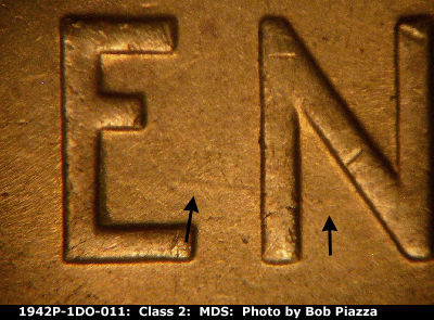 Die-stage B marker on 1942P•1DO•011 (1942 Doubled Die Obverse).