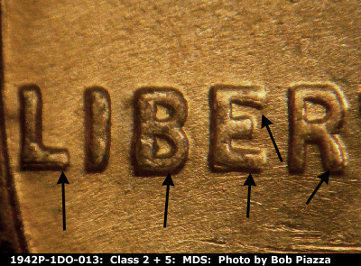 Die-stage B marker on 1942P•1DO•013 (1942 Doubled Die Obverse).