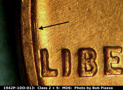 Die-stage B marker on 1942P•1DO•013 (1942 Doubled Die Obverse).