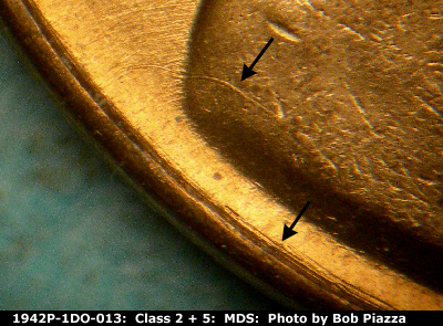 Die-stage B marker on 1942P•1DO•013 (1942 Doubled Die Obverse).