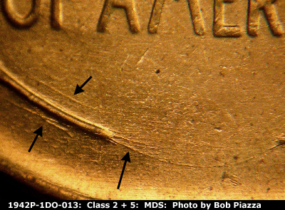 Die-stage B marker on 1942P•1DO•013 (1942 Doubled Die Obverse).