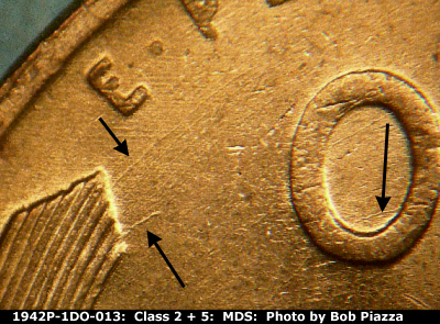 Die-stage B marker on 1942P•1DO•013 (1942 Doubled Die Obverse).