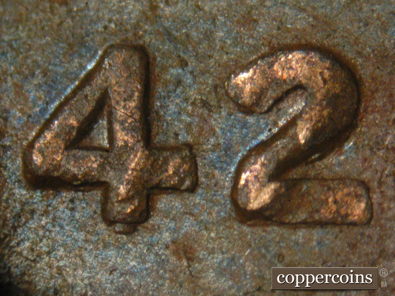 1942 Lincoln cent obverse, CopperCoins die 1942P•1DO•014.