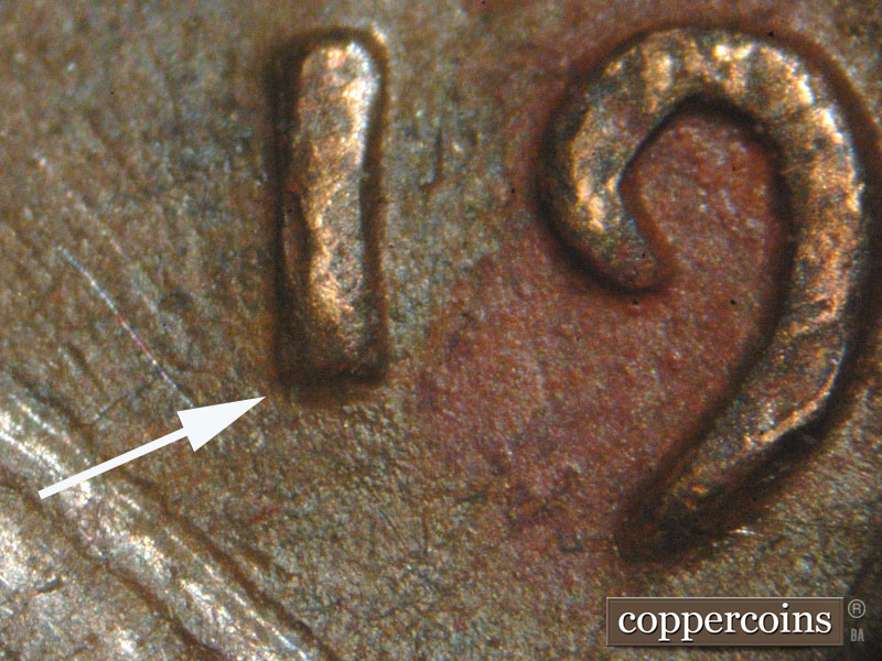 Die-stage B marker on 1942P•1DO•014 (1942 Doubled Die Obverse).