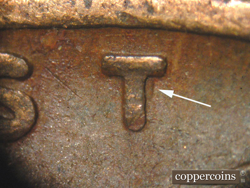 Die-stage B marker on 1942P•1DO•014 (1942 Doubled Die Obverse).