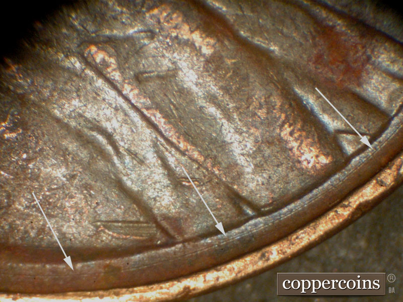 Die-stage B marker on 1942P•1DO•014 (1942 Doubled Die Obverse).