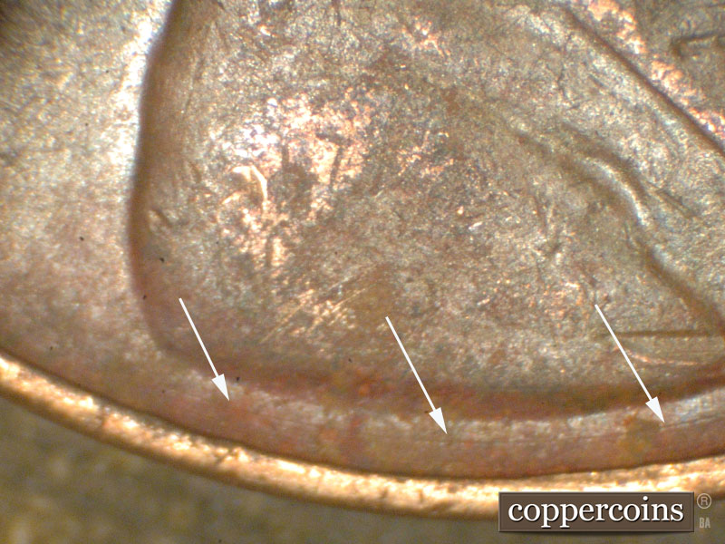 Die-stage B marker on 1942P•1DO•014 (1942 Doubled Die Obverse).
