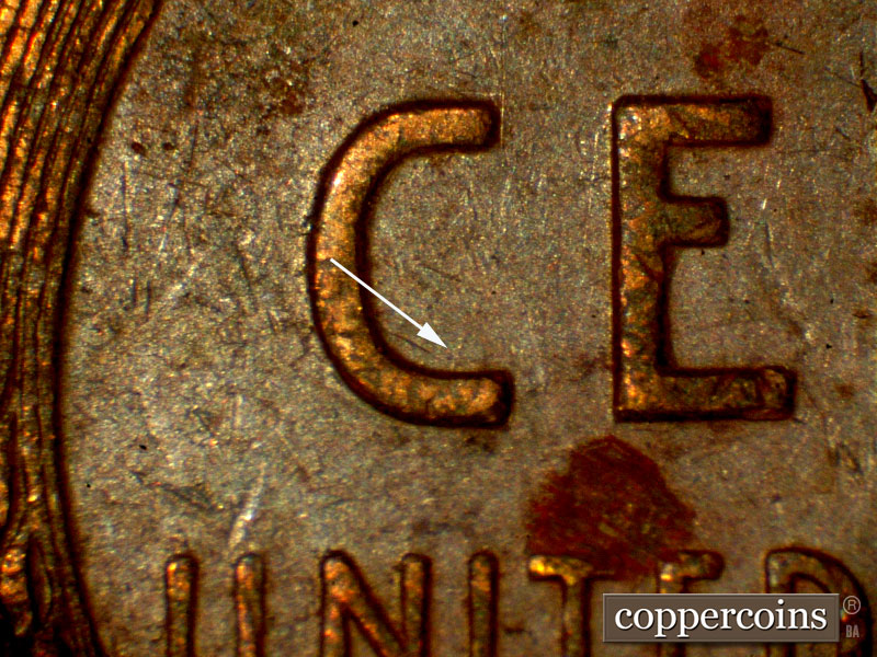 Die-stage B marker on 1942P•1DO•014 (1942 Doubled Die Obverse).
