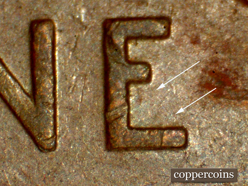 Die-stage B marker on 1942P•1DO•014 (1942 Doubled Die Obverse).