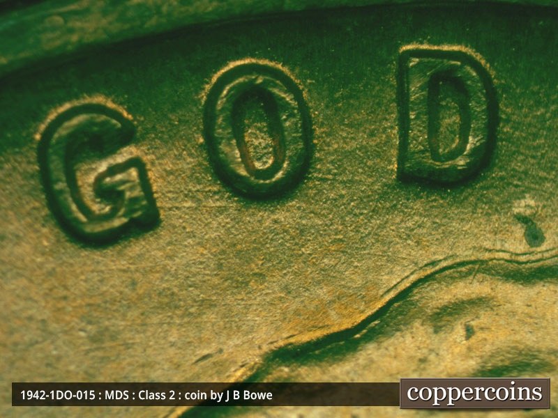 Die-stage B marker on 1942P•1DO•015 (1942 Doubled Die Obverse).