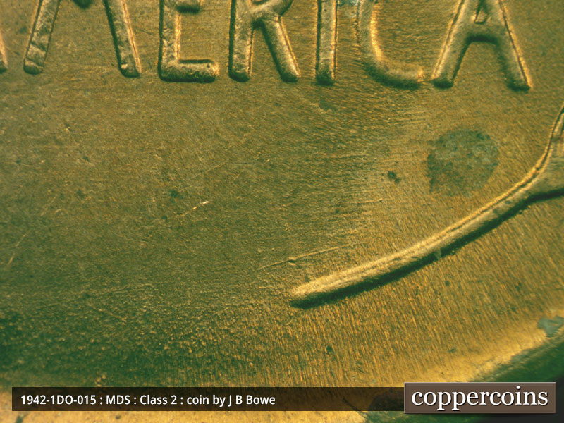 Die-stage B marker on 1942P•1DO•015 (1942 Doubled Die Obverse).