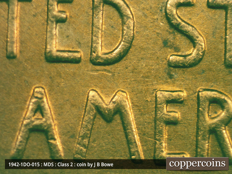 Die-stage B marker on 1942P•1DO•015 (1942 Doubled Die Obverse).