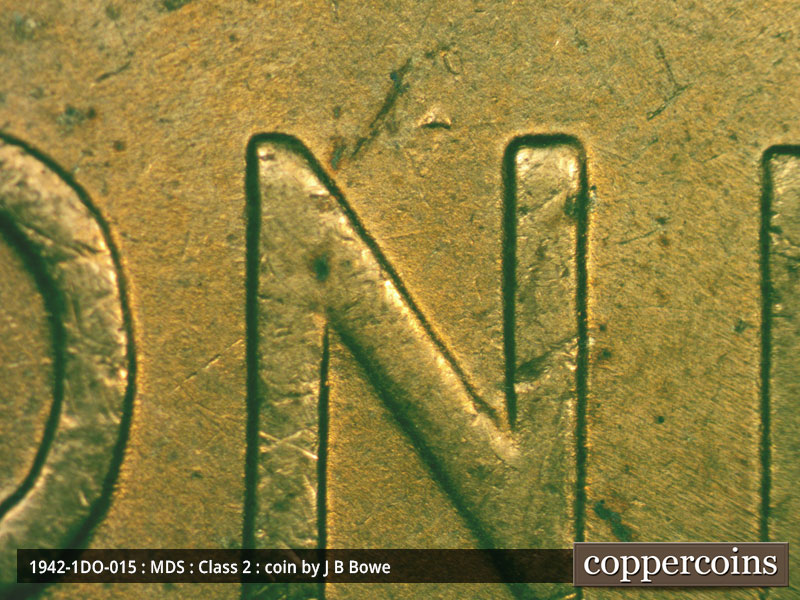 Die-stage B marker on 1942P•1DO•015 (1942 Doubled Die Obverse).