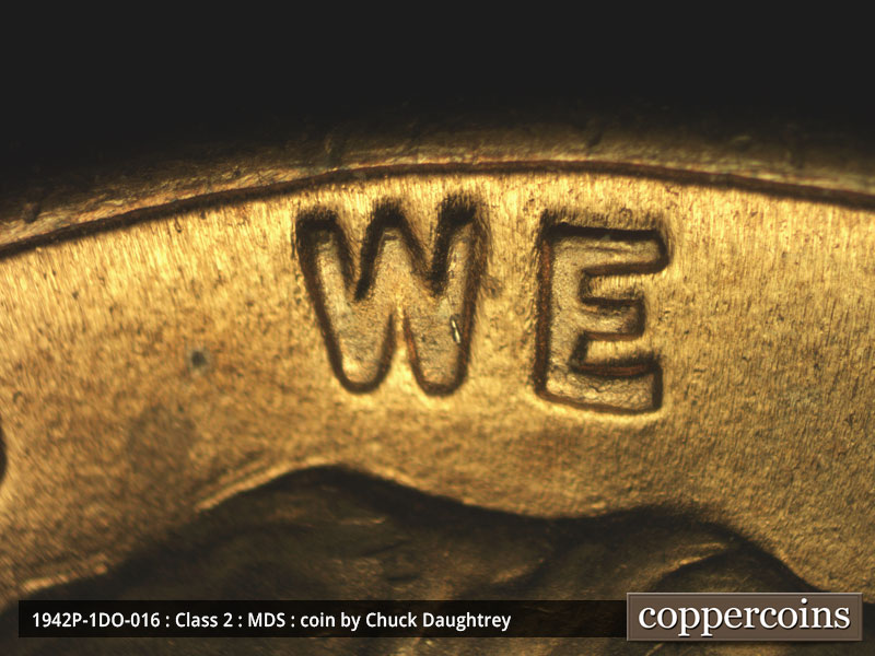 Die-stage B marker on 1942P•1DO•016 (1942 Doubled Die Obverse).