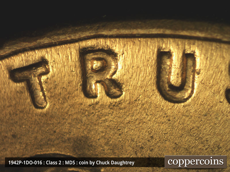 Die-stage B marker on 1942P•1DO•016 (1942 Doubled Die Obverse).
