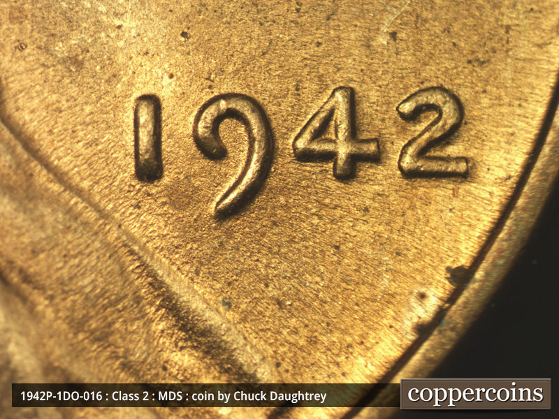Die-stage B marker on 1942P•1DO•016 (1942 Doubled Die Obverse).