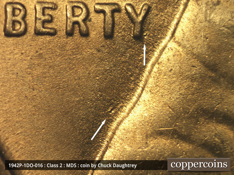 Die-stage B marker on 1942P•1DO•016 (1942 Doubled Die Obverse).