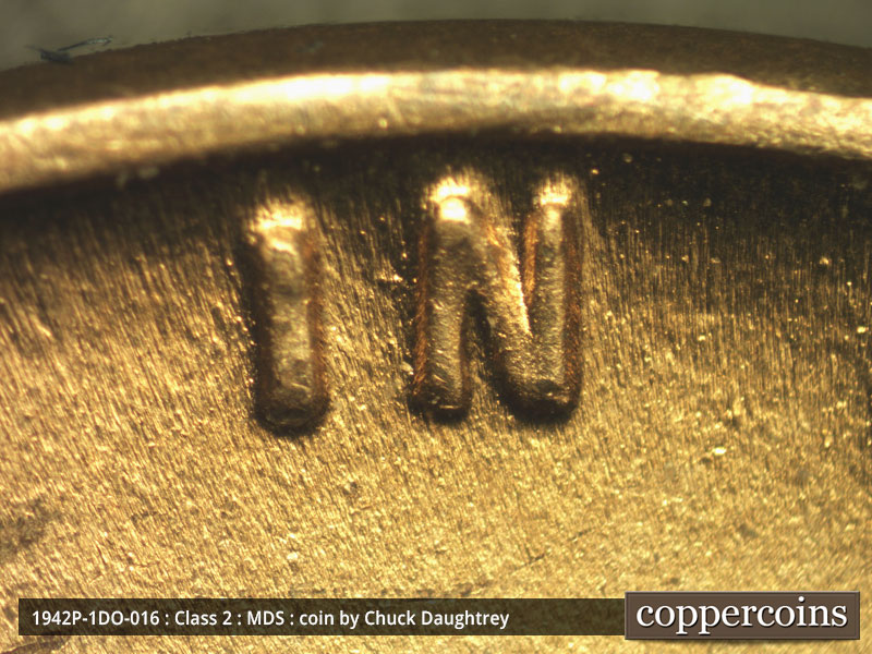 Die-stage B marker on 1942P•1DO•016 (1942 Doubled Die Obverse).