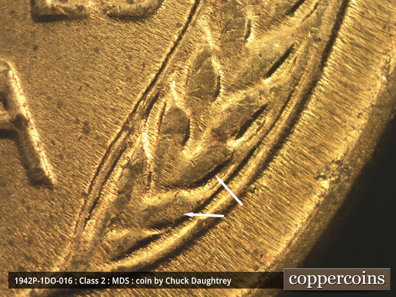 Die-stage B marker on 1942P•1DO•016 (1942 Doubled Die Obverse).